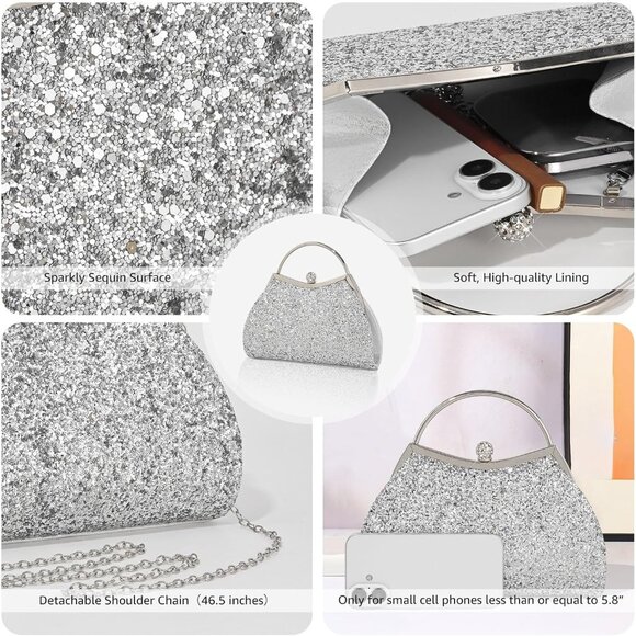 Women's Silver Sparkly Evening Chain Strap Fashionable Shoulder Clutch Bag - Picture 3 of 7